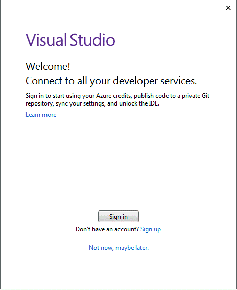 Visual Studio Community Edition 2017 sign in screen