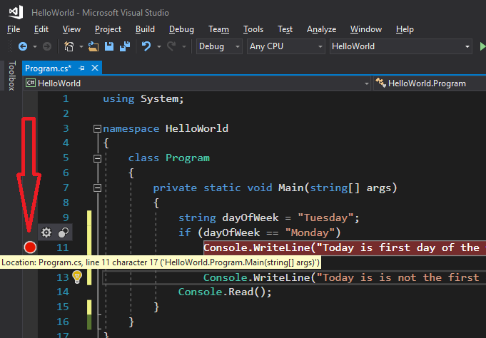 Setting a breakpoint in Visual Studio