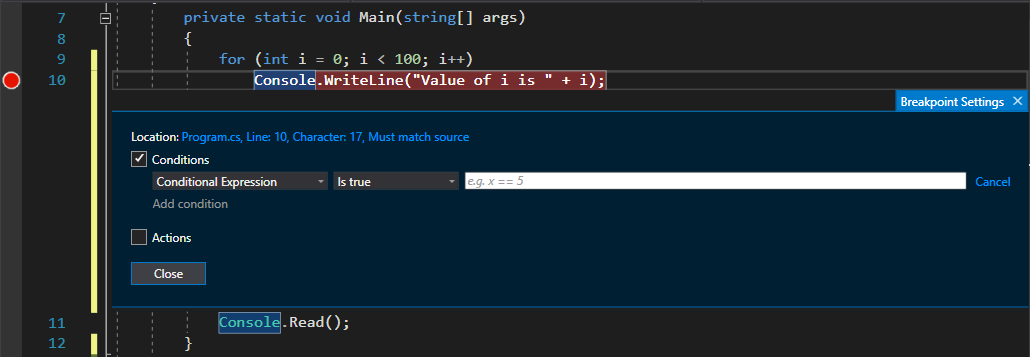 Visual Studio Conditional Breakpoint