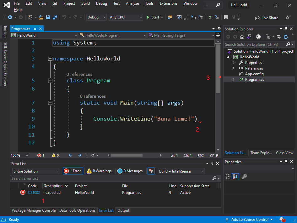 Visual Studio evidentiere erori