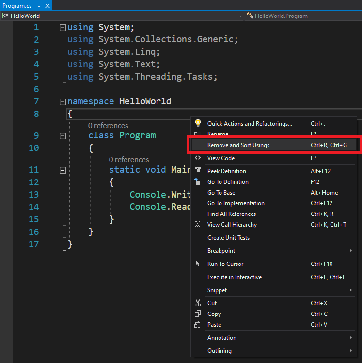 Visual Studio remove and sort usings
