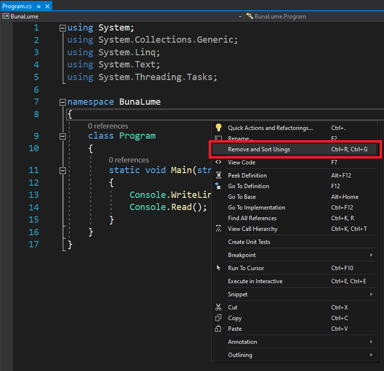 Visual Studio eliminarea si sortarea directivelor using